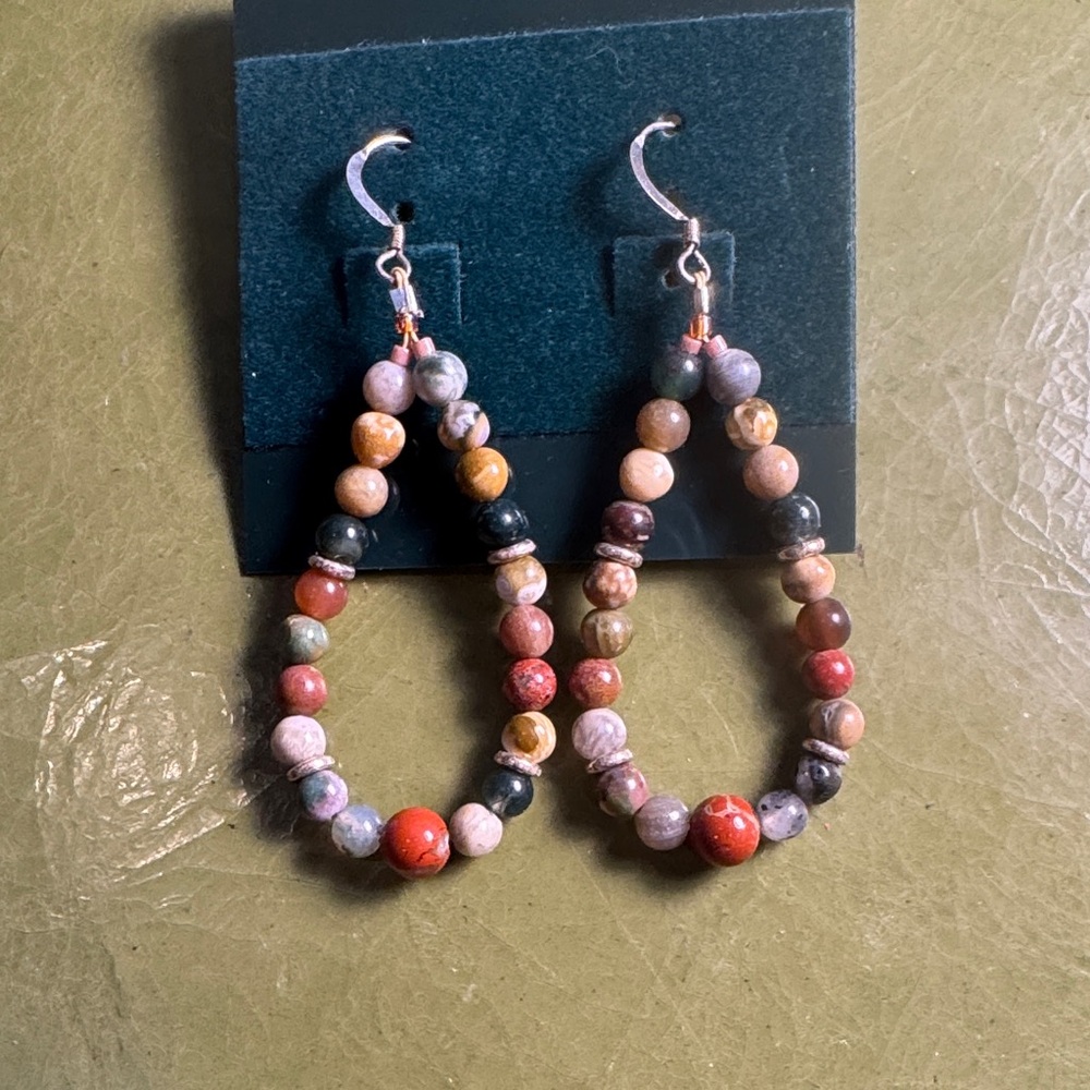 Colorful Beaded Ocean and Red Flake Jasper Teardrop hoop Earrings made by me!